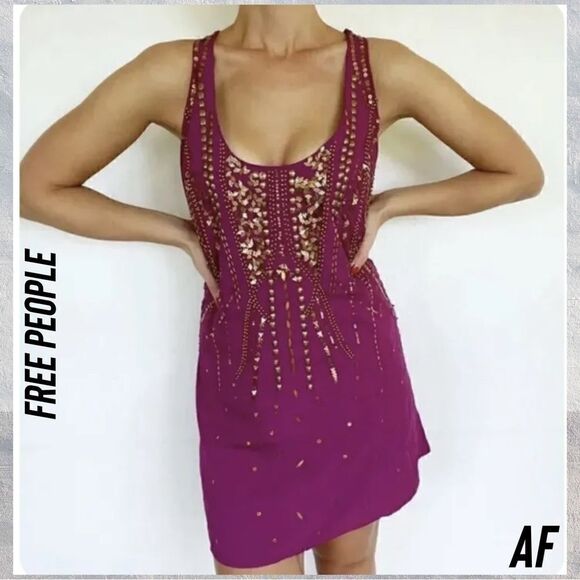 FREE PEOPLE ELLA EMBELLISHED HALTER TOP MINI DRESS IN ROSE PINK NEW - Picture 1 of 5